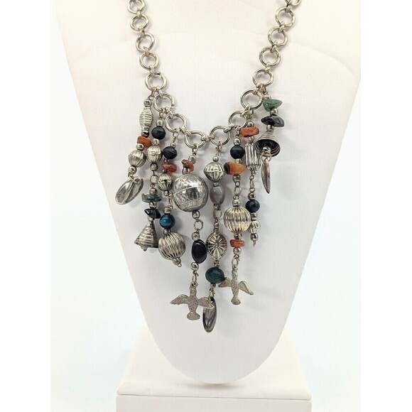 Vintage Cha Cha Necklace Silver Tone Dangle Bib Statement Gypsy Boho Chic - Picture 2 of 9